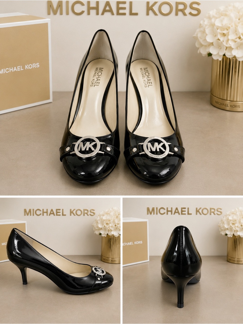 Michael Kors Black Patent Leather MK Logo Mid Heel Pumps